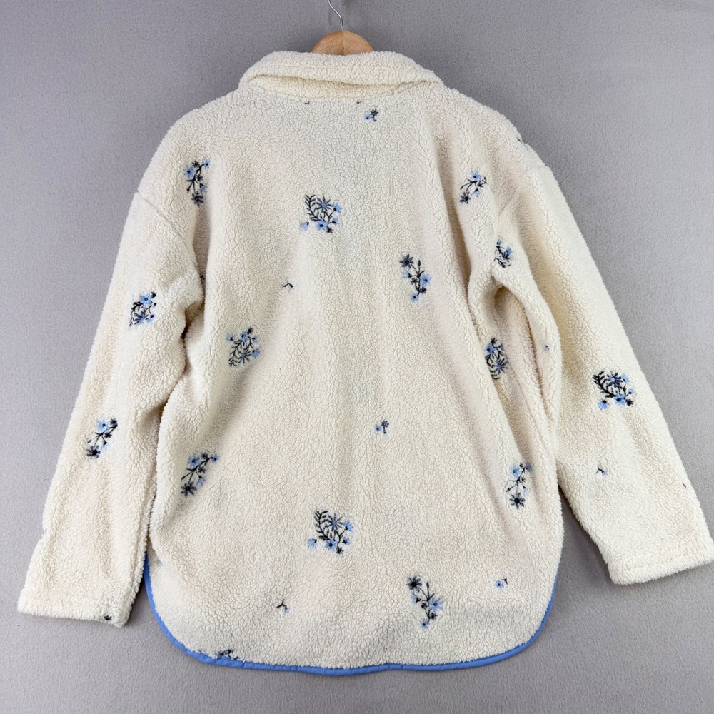 Dreamers Floral Sherpa Fleece Pullover Women Small Cream Blue Snap Neck - Picture 2 of 9
